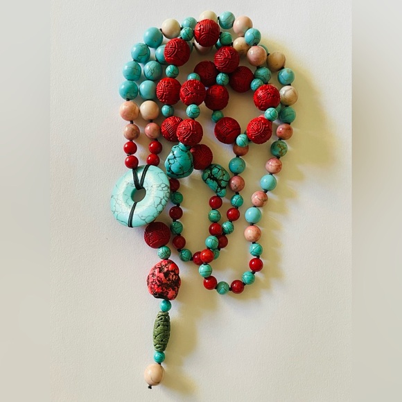 Chan Luu Jewelry - Knotted Beaded Necklace in Turquoise, Cinnabar & Peach Stones, mala style